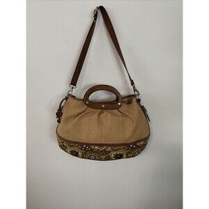 Fossil  Woman’s Canvas Floral Print Wood Handle Handbag Purse Wood Key Magnetic